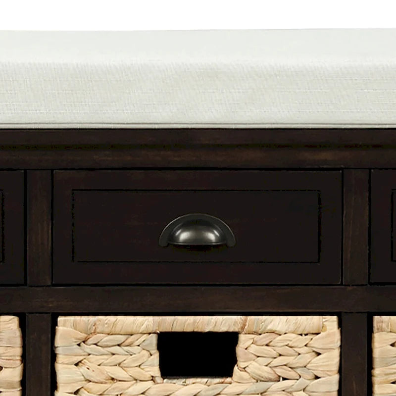 Banc de rangement de ferme avec 6 tiroirs, façades en rotin et coussin en lin amovible