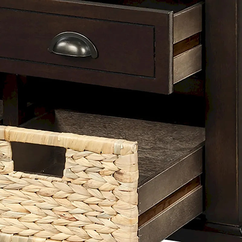 Banc de rangement de ferme avec 6 tiroirs, façades en rotin et coussin en lin amovible