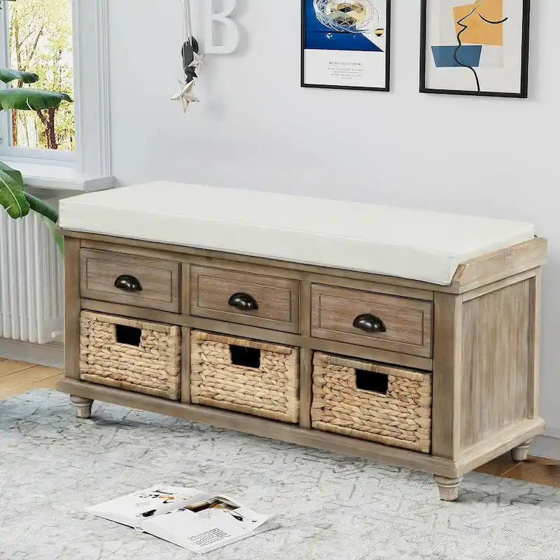 Banc de rangement de ferme avec 6 tiroirs, façades en rotin et coussin en lin amovible