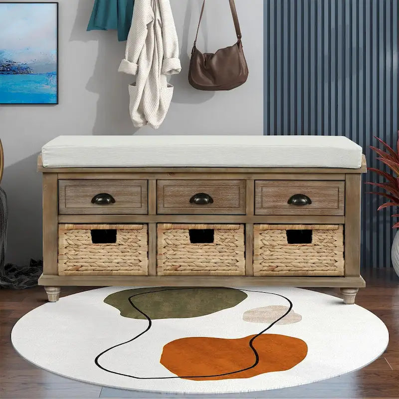 Banc de rangement de ferme avec 6 tiroirs, façades en rotin et coussin en lin amovible