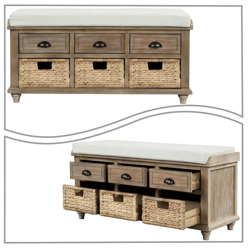 Banc de rangement de ferme avec 6 tiroirs, façades en rotin et coussin en lin amovible