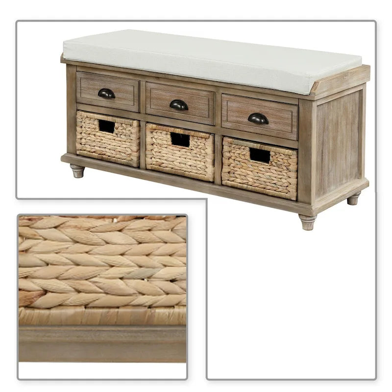 Banc de rangement de ferme avec 6 tiroirs, façades en rotin et coussin en lin amovible