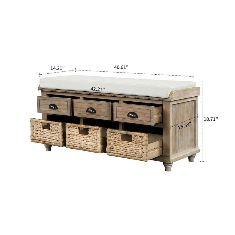 Banc de rangement de ferme avec 6 tiroirs, façades en rotin et coussin en lin amovible