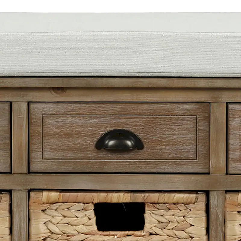 Banc de rangement de ferme avec 6 tiroirs, façades en rotin et coussin en lin amovible