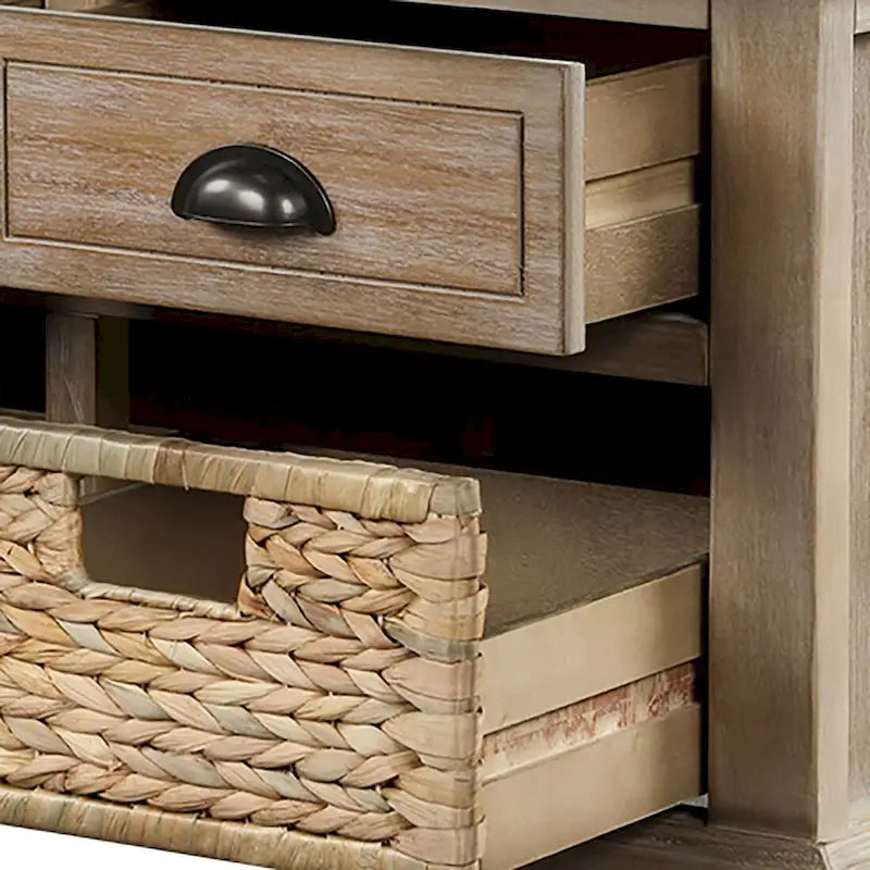 Banc de rangement de ferme avec 6 tiroirs, façades en rotin et coussin en lin amovible