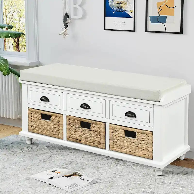 Banc de rangement de ferme avec 6 tiroirs, façades en rotin et coussin en lin amovible