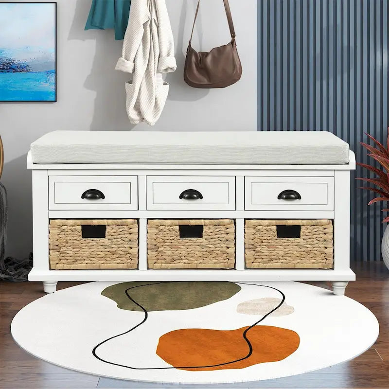 Banc de rangement de ferme avec 6 tiroirs, façades en rotin et coussin en lin amovible
