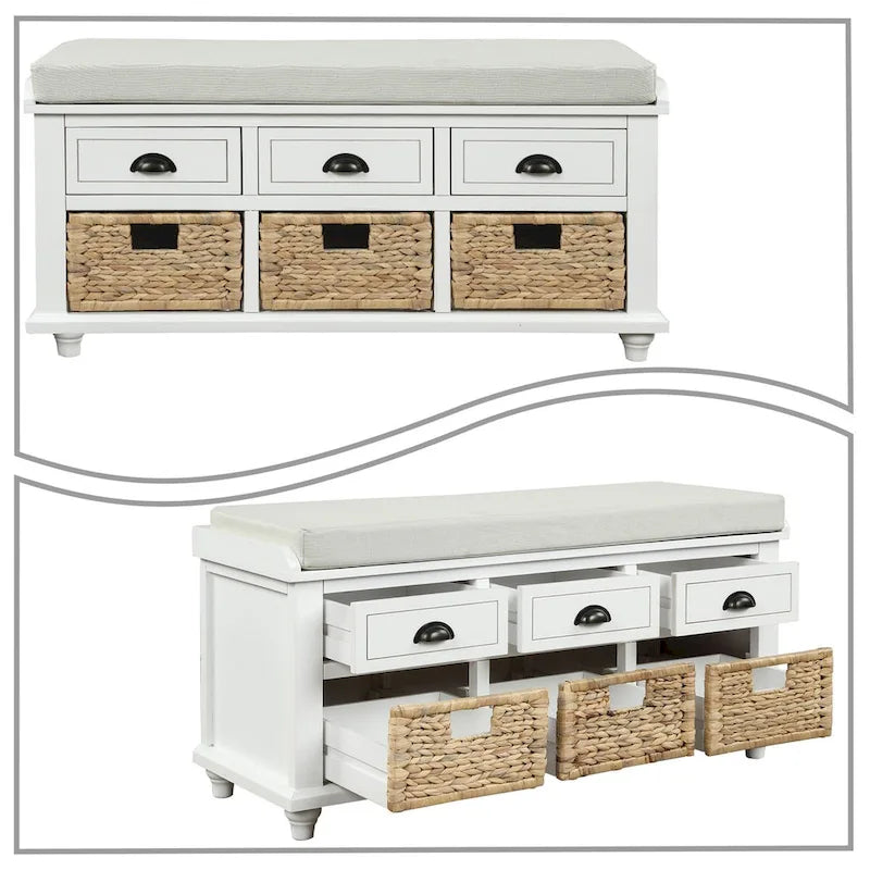 Banc de rangement de ferme avec 6 tiroirs, façades en rotin et coussin en lin amovible
