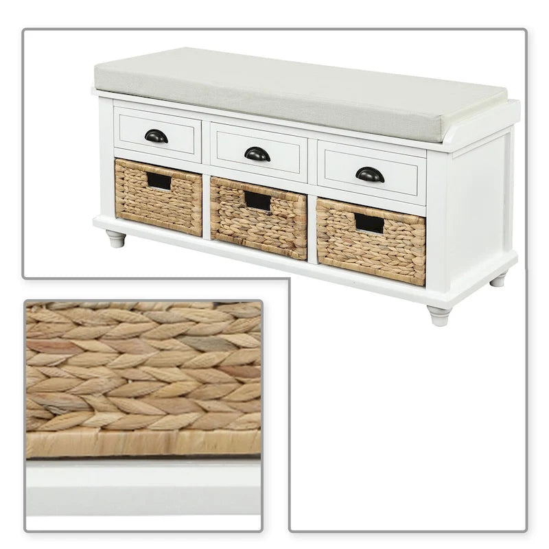 Banc de rangement de ferme avec 6 tiroirs, façades en rotin et coussin en lin amovible