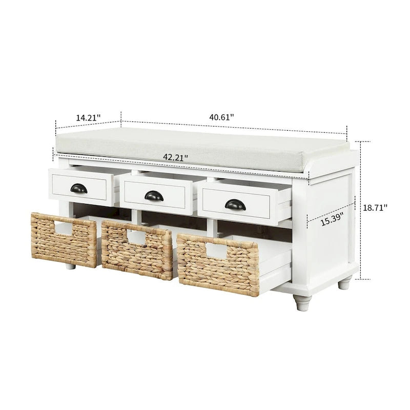 Banc de rangement de ferme avec 6 tiroirs, façades en rotin et coussin en lin amovible