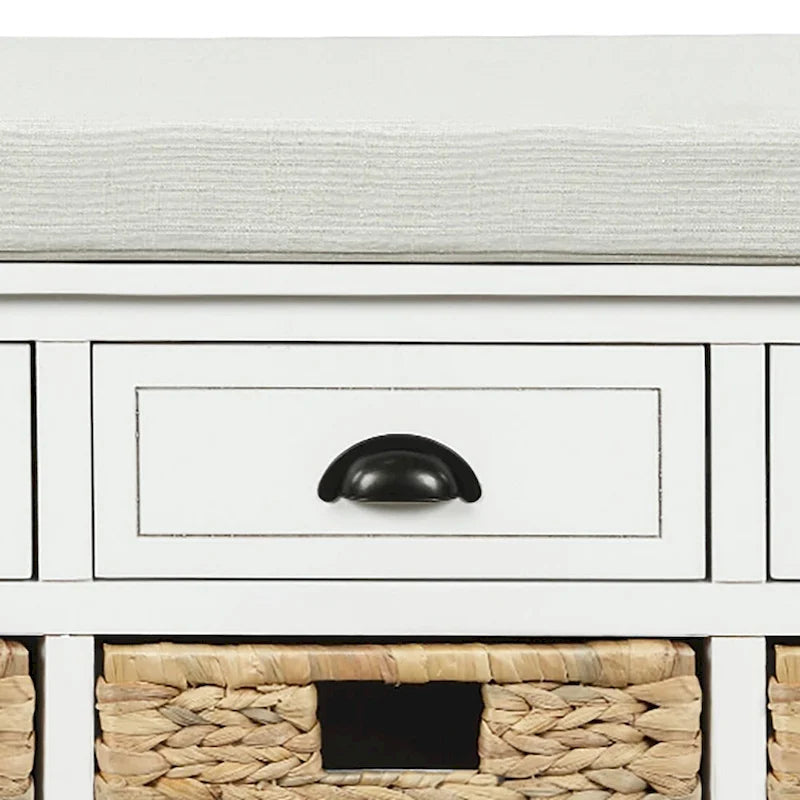 Banc de rangement de ferme avec 6 tiroirs, façades en rotin et coussin en lin amovible