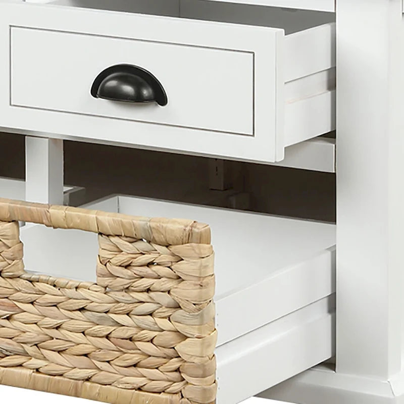Banc de rangement de ferme avec 6 tiroirs, façades en rotin et coussin en lin amovible