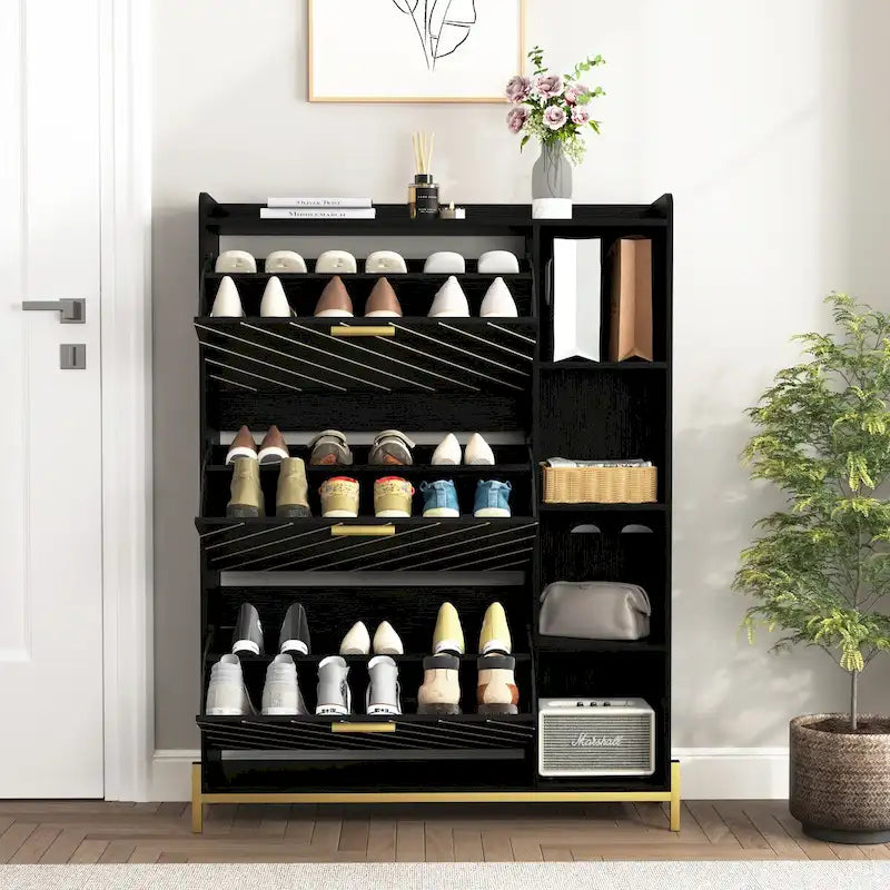 Meuble à chaussures fin avec 3 tiroirs basculants et étagères ouvertes — Marron clair rustique et blanc