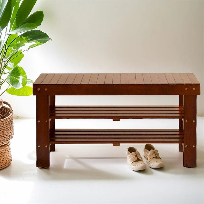 Banc à chaussures en bois massif avec étagère et pieds — Fini merisier