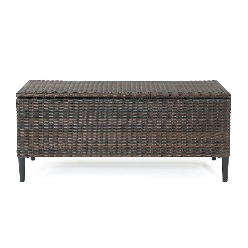 Banc de rangement d'extérieur en rotin avec osier en résine résistant aux intempéries