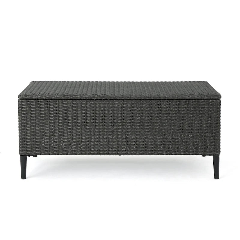 Banc de rangement d'extérieur en rotin avec osier en résine résistant aux intempéries