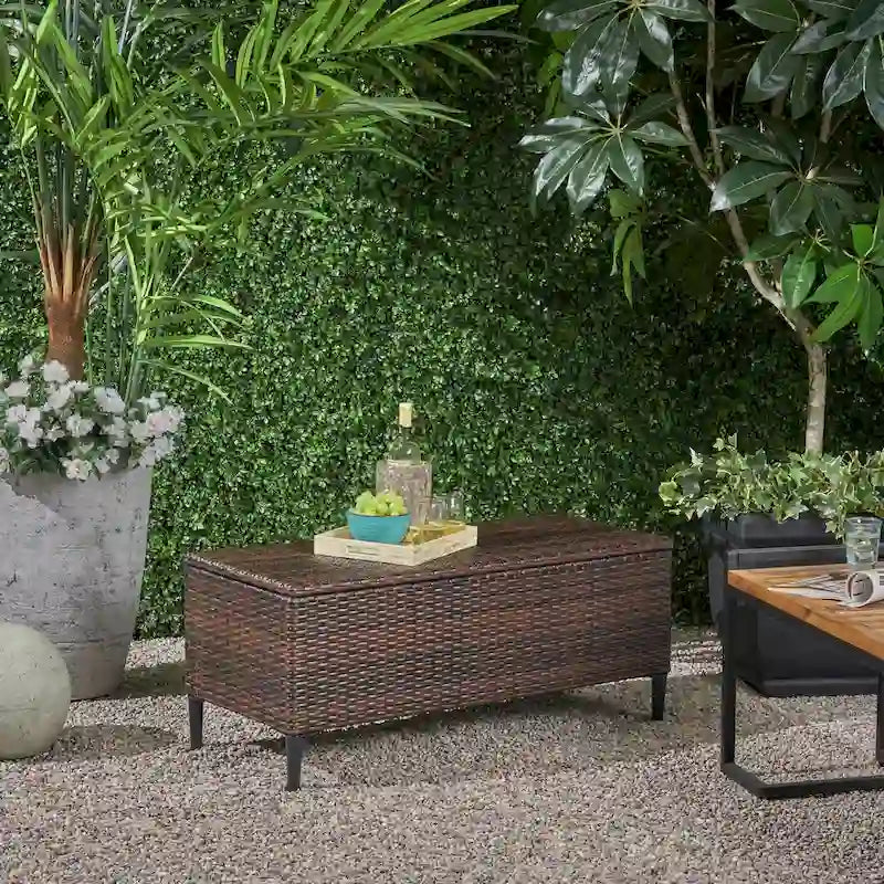 Banc de rangement d'extérieur en rotin avec osier en résine résistant aux intempéries