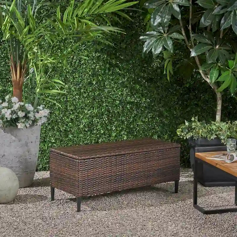 Banc de rangement d'extérieur en rotin avec osier en résine résistant aux intempéries