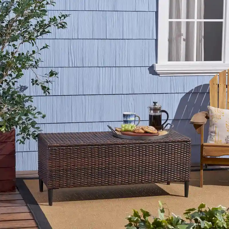 Banc de rangement d'extérieur en rotin avec osier en résine résistant aux intempéries