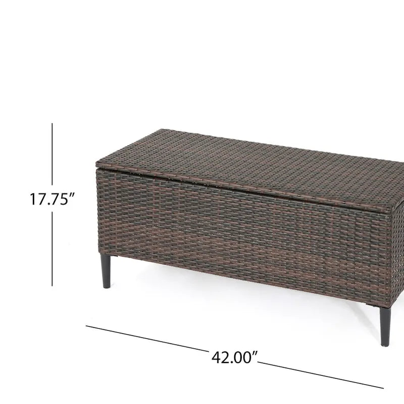 Banc de rangement d'extérieur en rotin avec osier en résine résistant aux intempéries