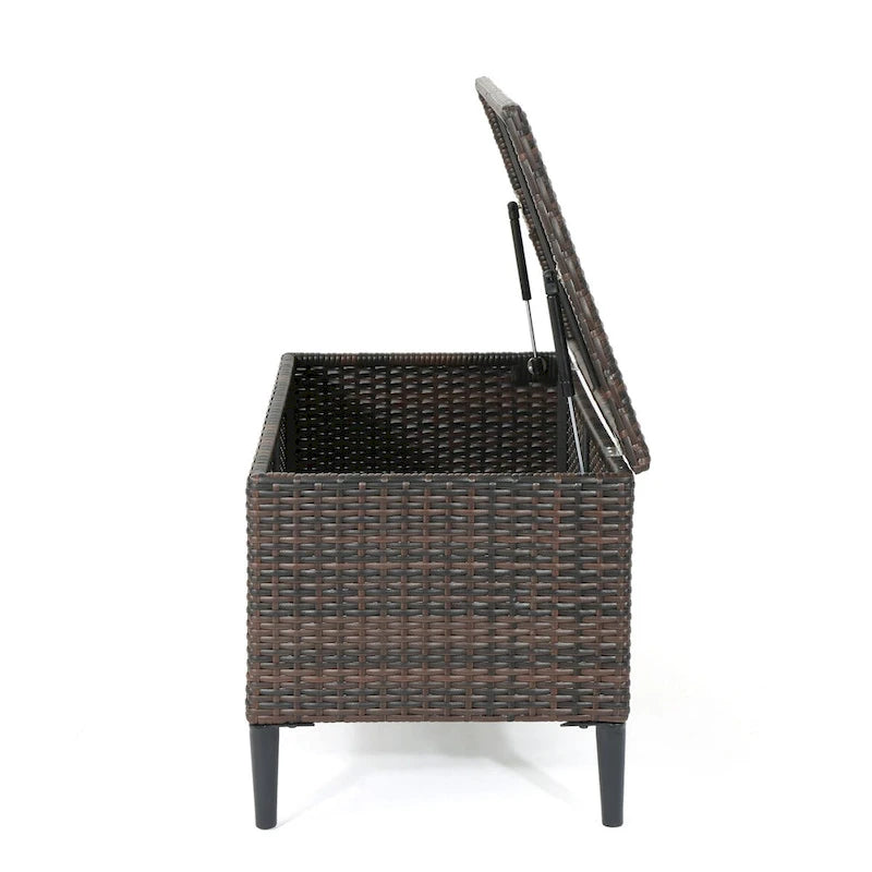 Banc de rangement d'extérieur en rotin avec osier en résine résistant aux intempéries