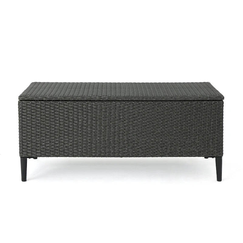 Banc de rangement d'extérieur en rotin avec osier en résine résistant aux intempéries