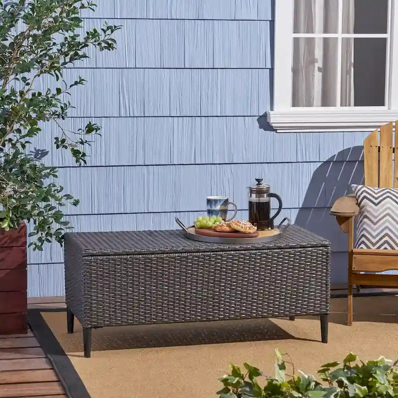 Banc de rangement d'extérieur en rotin avec osier en résine résistant aux intempéries