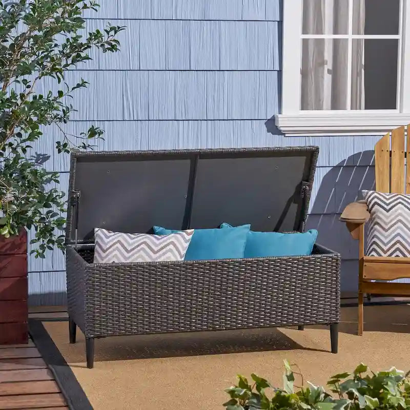 Banc de rangement d'extérieur en rotin avec osier en résine résistant aux intempéries