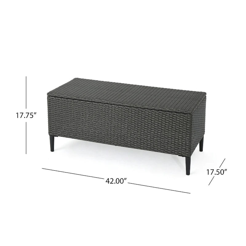 Banc de rangement d'extérieur en rotin avec osier en résine résistant aux intempéries