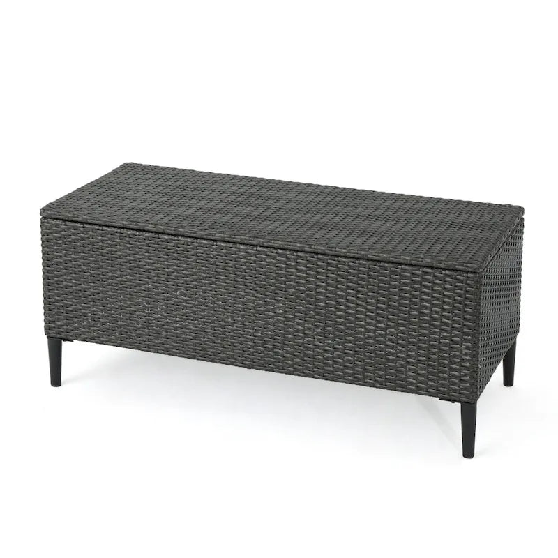 Banc de rangement d'extérieur en rotin avec osier en résine résistant aux intempéries