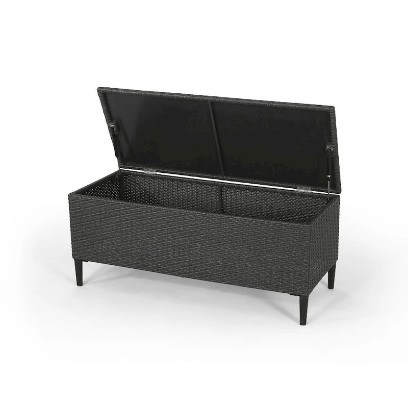 Banc de rangement d'extérieur en rotin avec osier en résine résistant aux intempéries