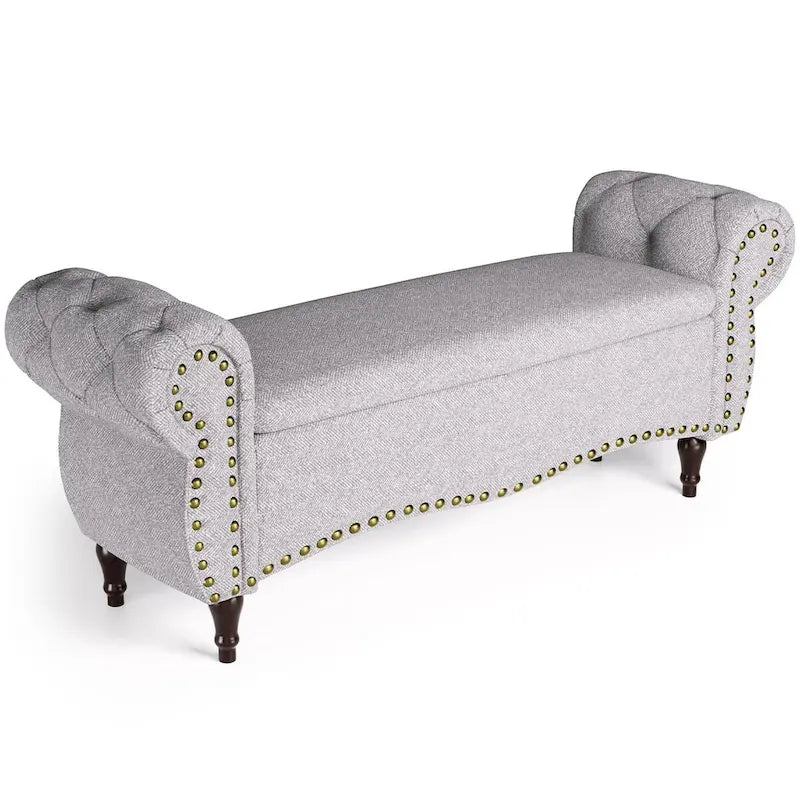 Banc de rangement capitonné de 135 cm avec accoudoirs roulés, clous décoratifs et charnière de sécurité