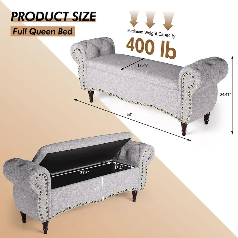 Banc de rangement capitonné de 135 cm avec accoudoirs roulés, clous décoratifs et charnière de sécurité
