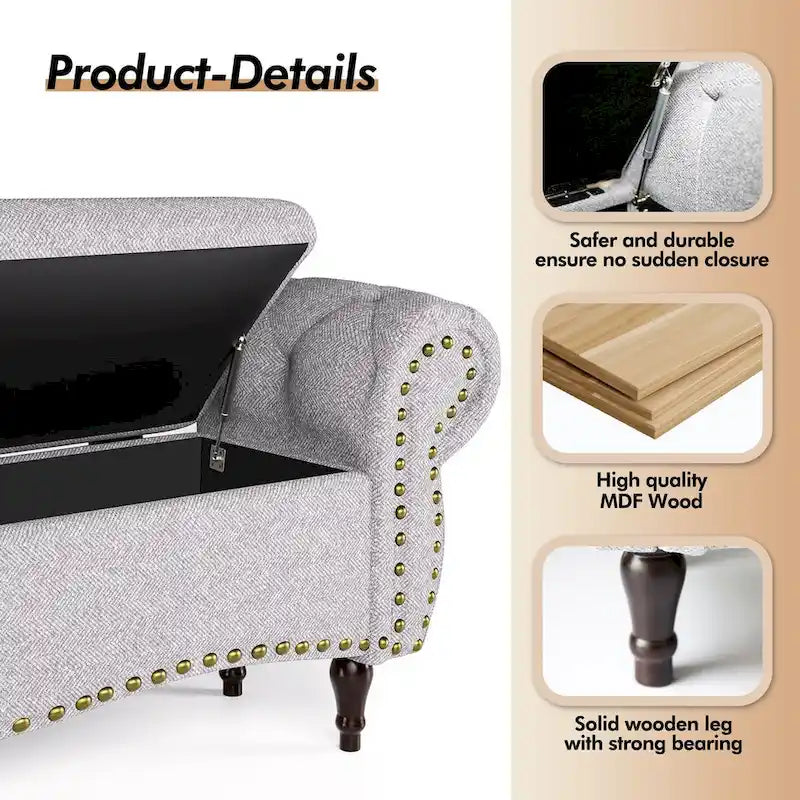 Banc de rangement capitonné de 135 cm avec accoudoirs roulés, clous décoratifs et charnière de sécurité