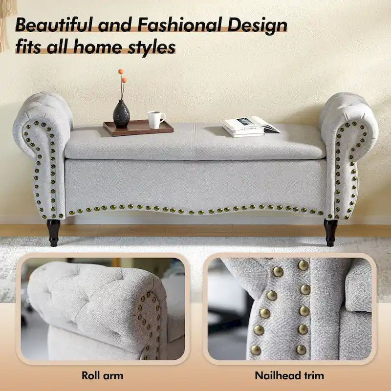 Banc de rangement capitonné de 135 cm avec accoudoirs roulés, clous décoratifs et charnière de sécurité