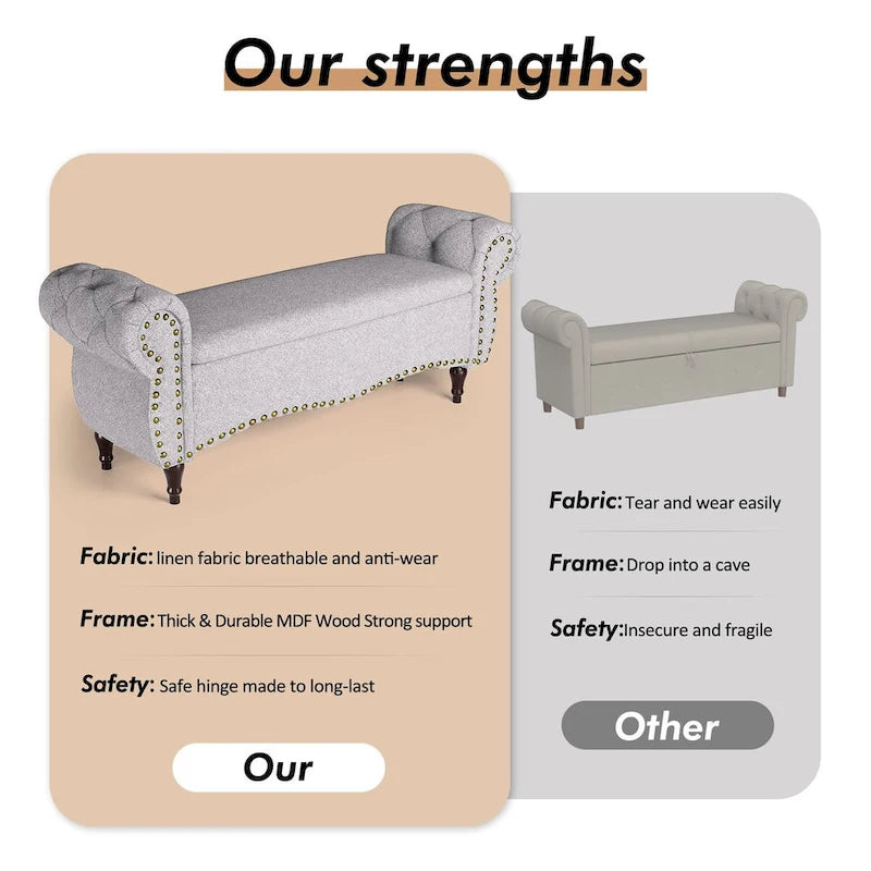 Banc de rangement capitonné de 135 cm avec accoudoirs roulés, clous décoratifs et charnière de sécurité
