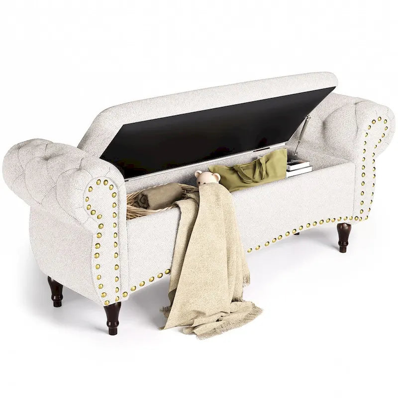 Banc de rangement capitonné de 135 cm avec accoudoirs roulés, clous décoratifs et charnière de sécurité