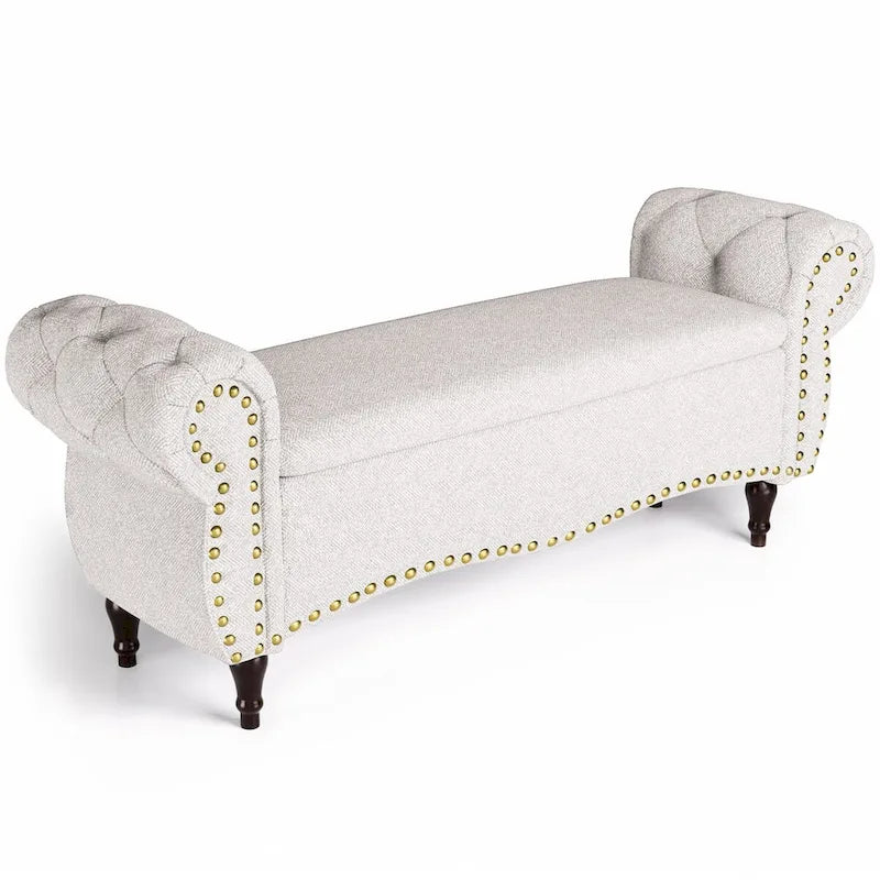 Banc de rangement capitonné de 135 cm avec accoudoirs roulés, clous décoratifs et charnière de sécurité