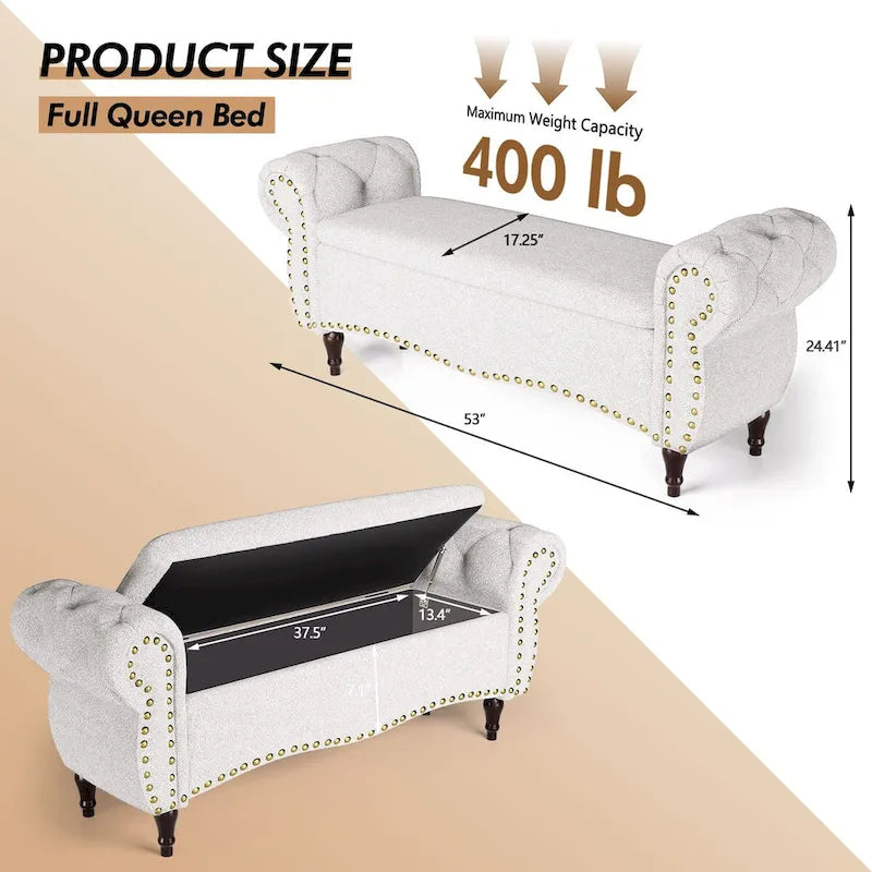Banc de rangement capitonné de 135 cm avec accoudoirs roulés, clous décoratifs et charnière de sécurité