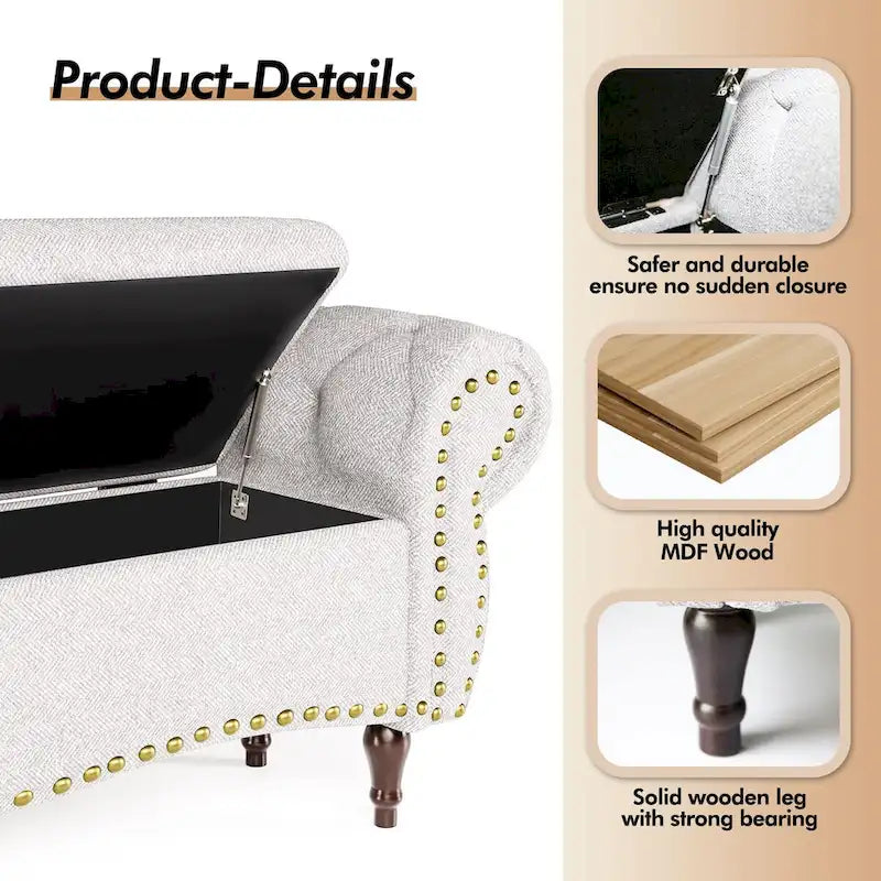Banc de rangement capitonné de 135 cm avec accoudoirs roulés, clous décoratifs et charnière de sécurité