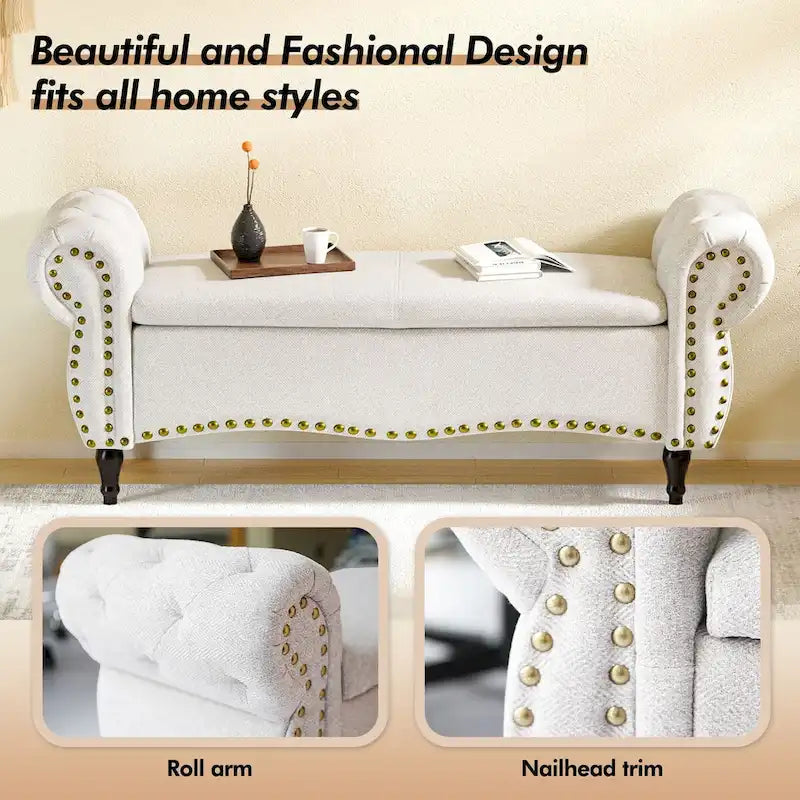Banc de rangement capitonné de 135 cm avec accoudoirs roulés, clous décoratifs et charnière de sécurité