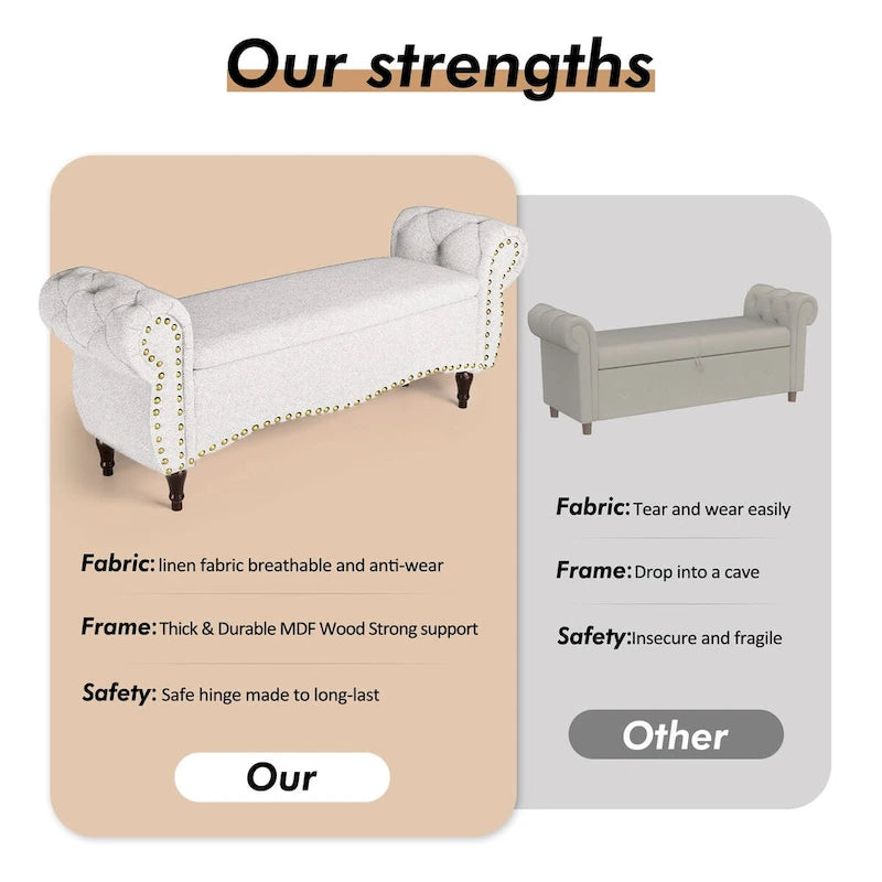Banc de rangement capitonné de 135 cm avec accoudoirs roulés, clous décoratifs et charnière de sécurité