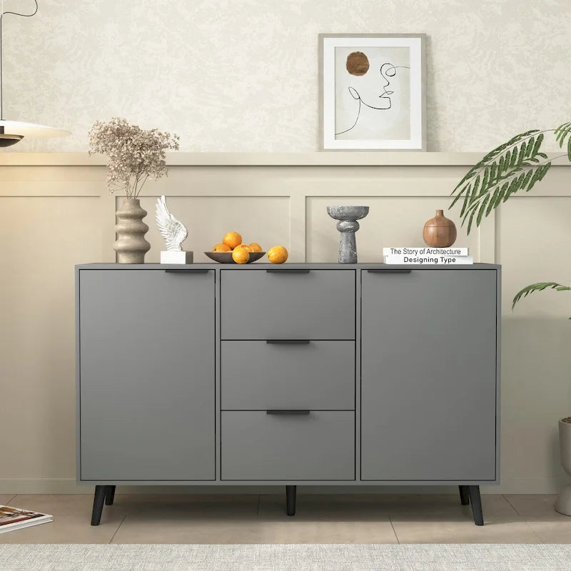 Buffet de 120 cm avec 3 tiroirs, 2 portes et pieds en bois pour bar à café