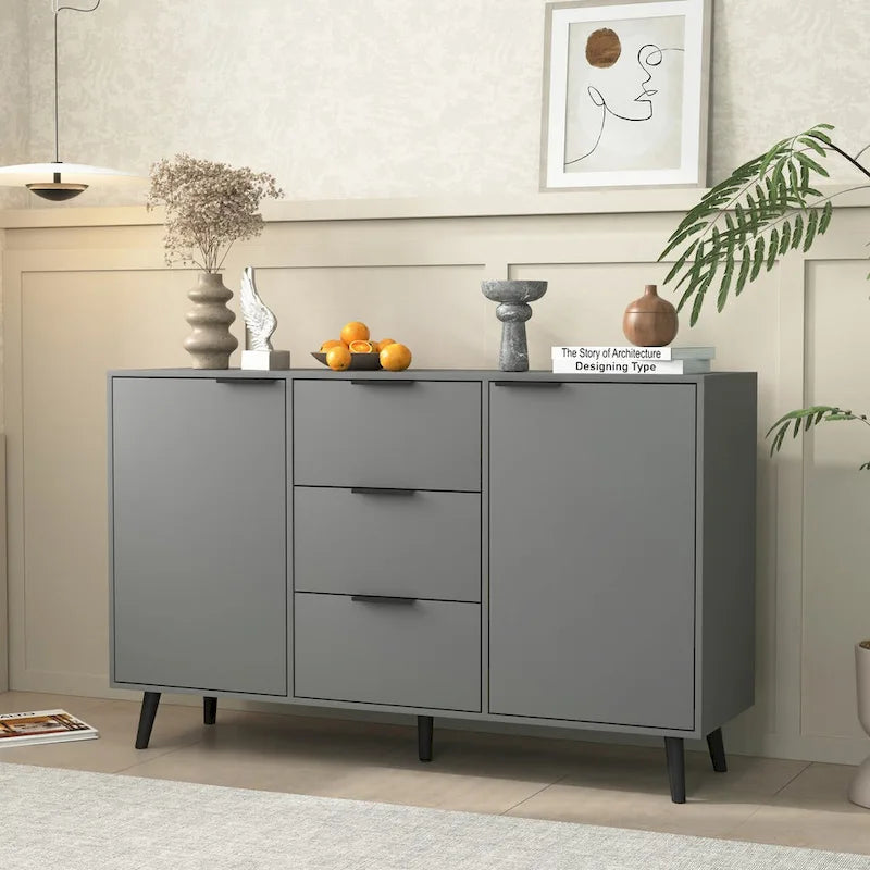 Buffet de 120 cm avec 3 tiroirs, 2 portes et pieds en bois pour bar à café