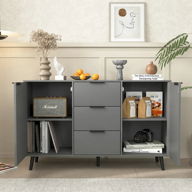 Buffet de 120 cm avec 3 tiroirs, 2 portes et pieds en bois pour bar à café