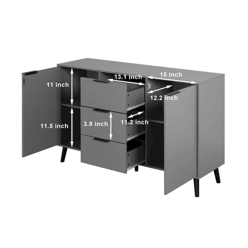 Buffet de 120 cm avec 3 tiroirs, 2 portes et pieds en bois pour bar à café