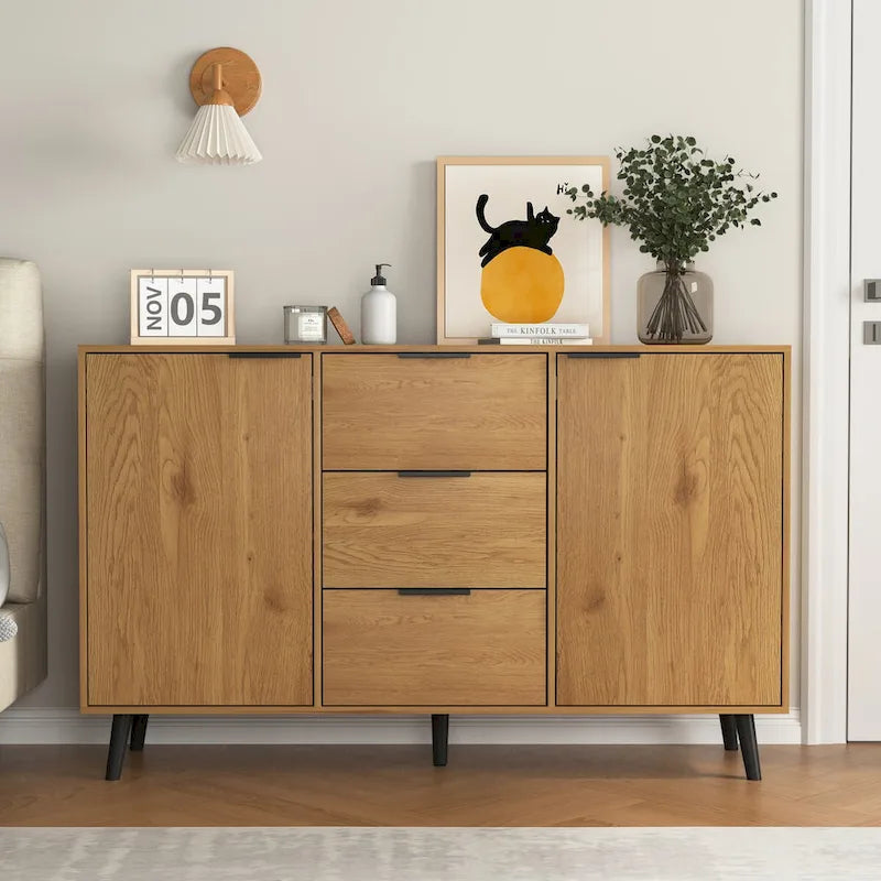 Buffet de 120 cm avec 3 tiroirs, 2 portes et pieds en bois pour bar à café