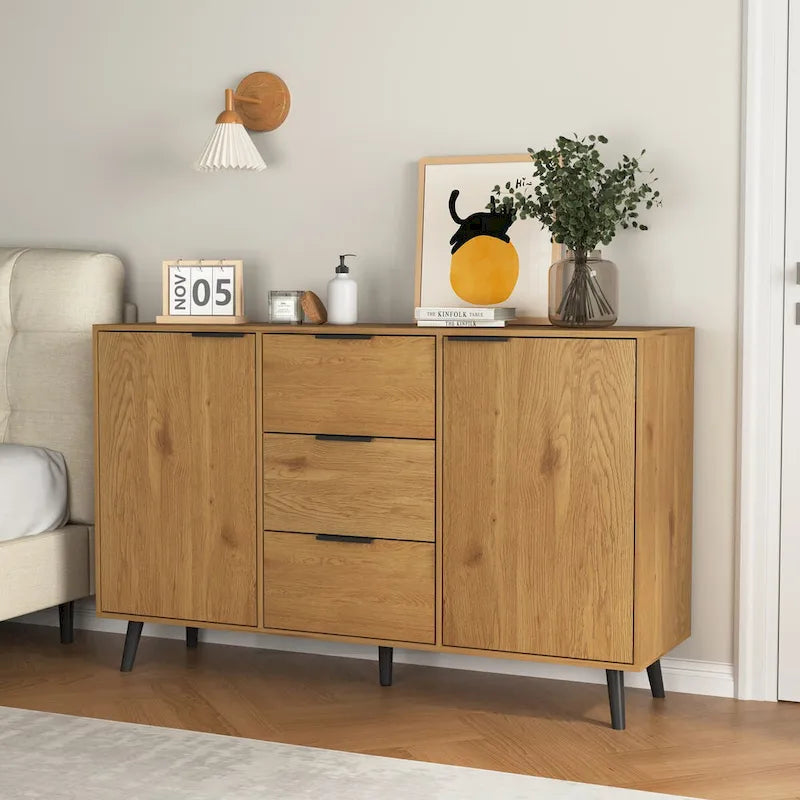 Buffet de 120 cm avec 3 tiroirs, 2 portes et pieds en bois pour bar à café