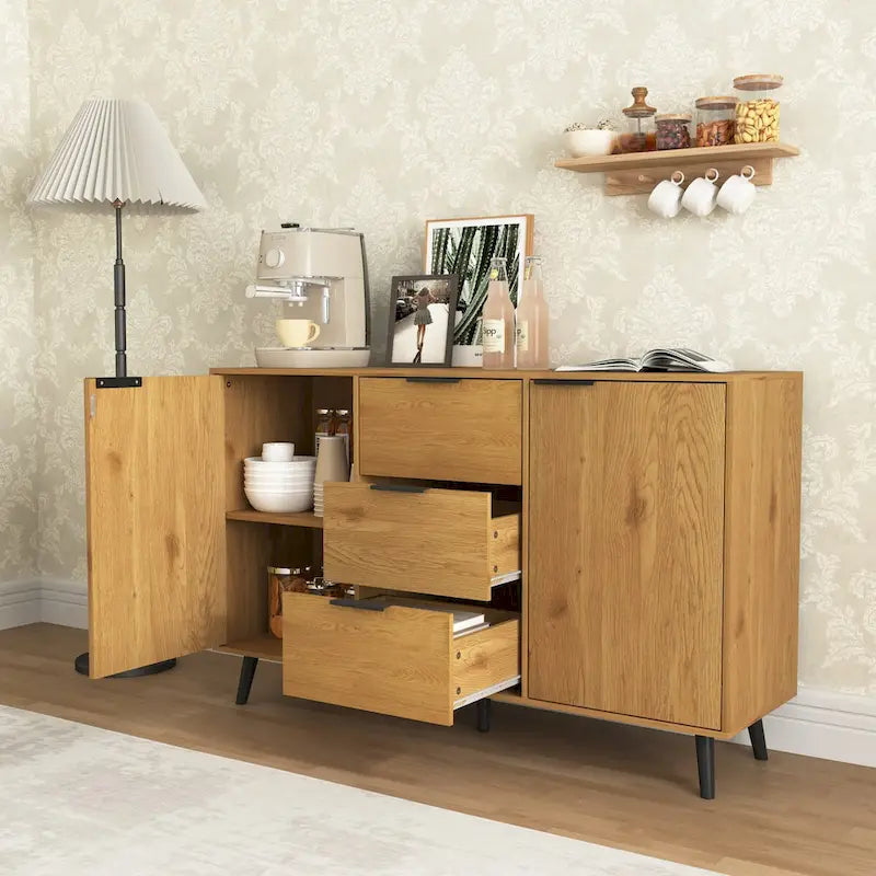 Buffet de 120 cm avec 3 tiroirs, 2 portes et pieds en bois pour bar à café