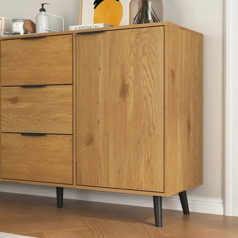 Buffet de 120 cm avec 3 tiroirs, 2 portes et pieds en bois pour bar à café